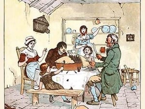 The Blackbirds baked in a pie began singing when the pie was opened. by Randolph Caldecott - Art Print