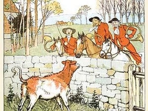 The Huntsmen looked over a stone wall at a cow by Randolph Caldecott - Art Print
