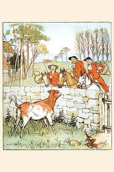 The Huntsmen looked over a stone wall at a cow by Randolph Caldecott - Art Print