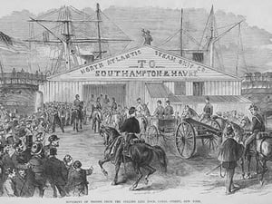 Union troops embark at Canal Street Dock for transportation to the South. by Frank Leslie - Art Print