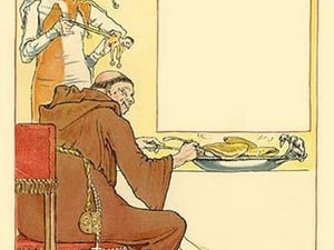 A Lenten Christian Monk gorged on Mardi Gras pancakes by Walter Crane - Art Print