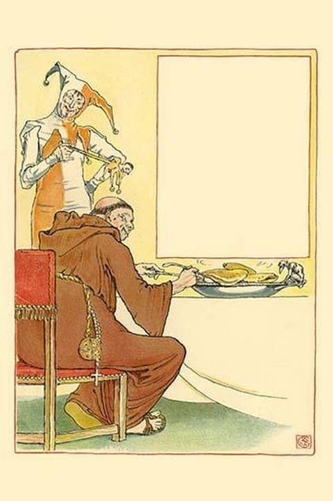 A Lenten Christian Monk gorged on Mardi Gras pancakes by Walter Crane - Art Print