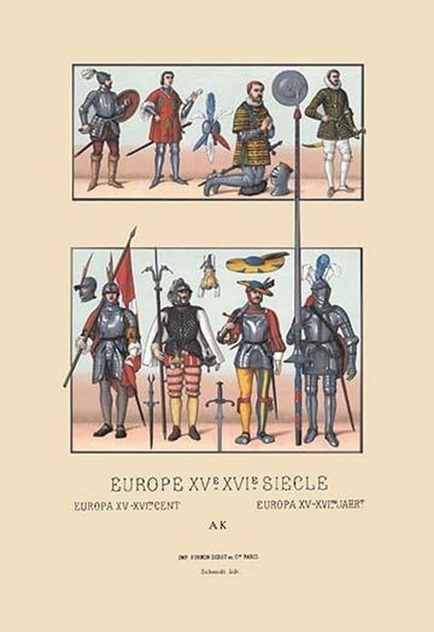 An Assortment of Military Costumes of the Renaissance by Auguste Racinet - Art Print