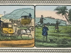 Coaches with drivers take travelers to the hunt by Charles Butler - Art Print