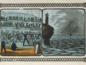 Children Play games at school recess; seascape with ship in fog off a lighthouse by Charles Butler - Art Print