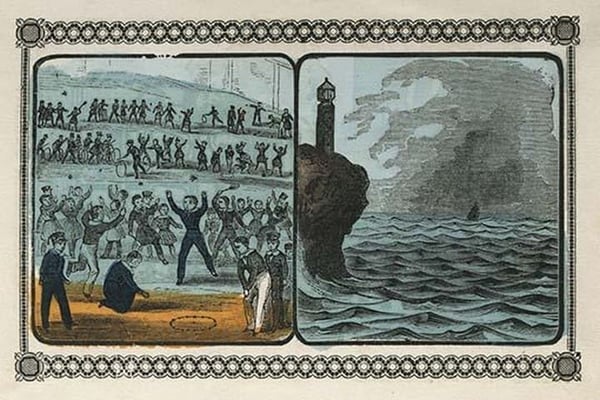 Children Play games at school recess; seascape with ship in fog off a lighthouse by Charles Butler - Art Print