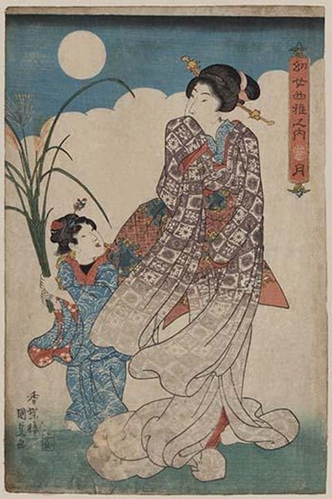 Full Moon Over woman and a young girl by Utagawa Kunisada - Art Print
