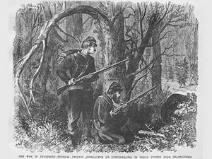 Union Picket approached by Confederates in Cedar Bushes near Chattanooga by Frank Leslie - Art Print