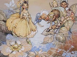 A Fairy Crossing a Spider's Web Whist Another Daffs His Cap by Peg Maltby - Art Print