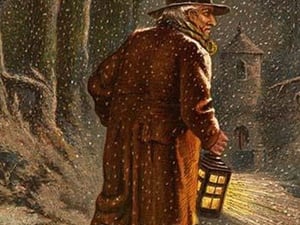 Walking outside in the falling snow wth a lantern on Christmas Eve. by Kronheim & Dalziels - Art Print