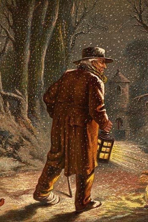 Walking outside in the falling snow wth a lantern on Christmas Eve. by Kronheim & Dalziels - Art Print