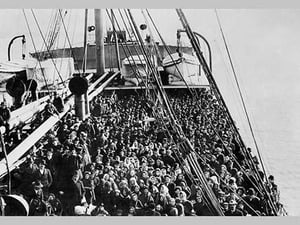 Crowd of Immigrants Standing on Deck - Art Print