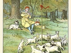 Shepherd lays his flute for lambs by Randolph Caldecott - Art Print