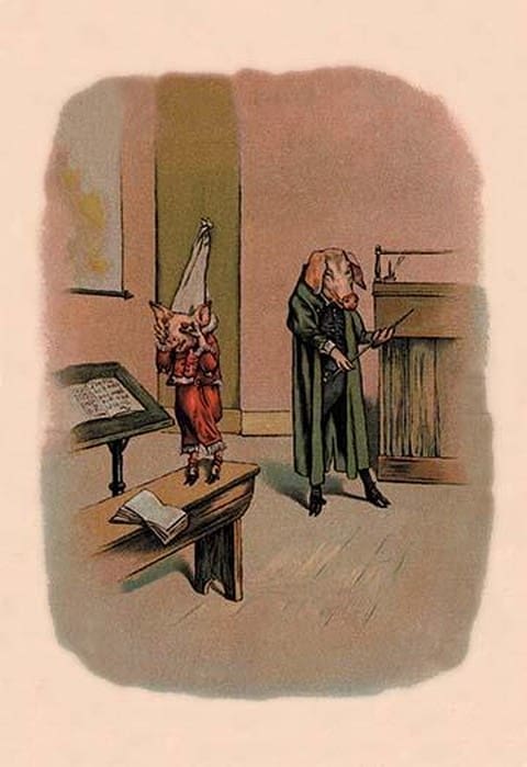 Pig in Dunce Cap and School Master by A. Gual - Art Print