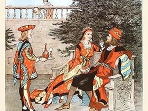All on a summer's days she sat on a bench with the King by Randolph Caldecott - Art Print