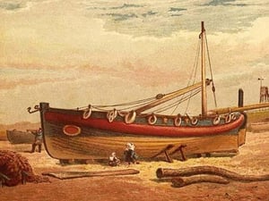 Children sit below a large drydocked boat on the beach by Kronheim & Dalziels - Art Print