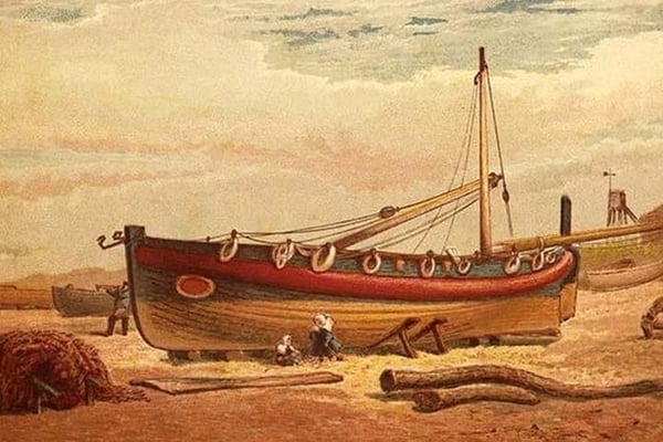 Children sit below a large drydocked boat on the beach by Kronheim & Dalziels - Art Print
