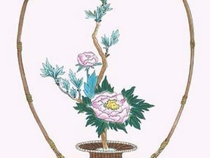 Botan (Peony) in a Handheld Basket by Josiah Conder - Art Print