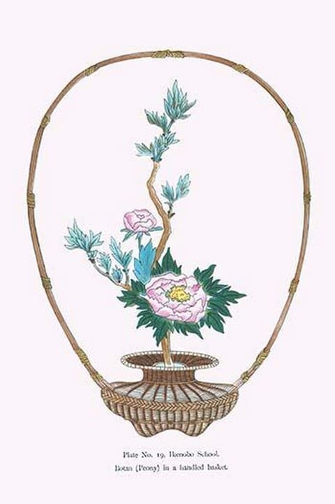 Botan (Peony) in a Handheld Basket by Josiah Conder - Art Print