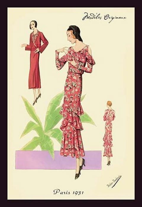 Party Dress with Ruffles and Flowers by Atelier Bachroitz - Art Print