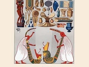 Egyptian Domestic Utensils and Two Large Harps by Auguste Racinet - Art Print
