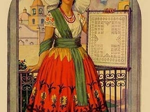 Hispanic holds up a lace design on a frame by Needlecraft Magazine - Art Print
