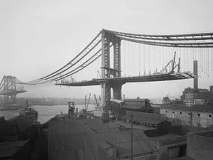 Manhattan Suspension Bridge under Construction as viewed from Brooklyn - Art Print