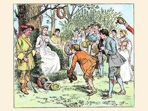 Tossing a Garland of Flowers to the queen of the dance by Randolph Caldecott - Art Print