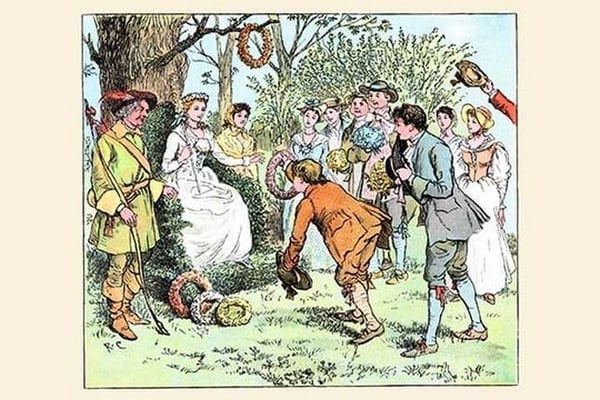 Tossing a Garland of Flowers to the queen of the dance by Randolph Caldecott - Art Print