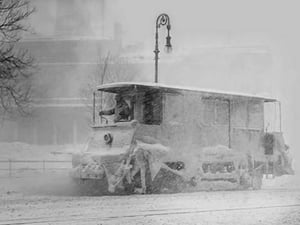 Trolley Snowplow Pushes ahead in heavy snowfall on New York Streets - Art Print