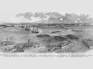 Attack on Port Royal under Stevens with gunboats & bombardment by Frank Leslie - Art Print