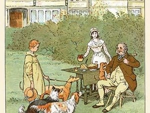 Dogs come to eat by the farmer's table along with the Shepherd boy by Randolph Caldecott - Art Print