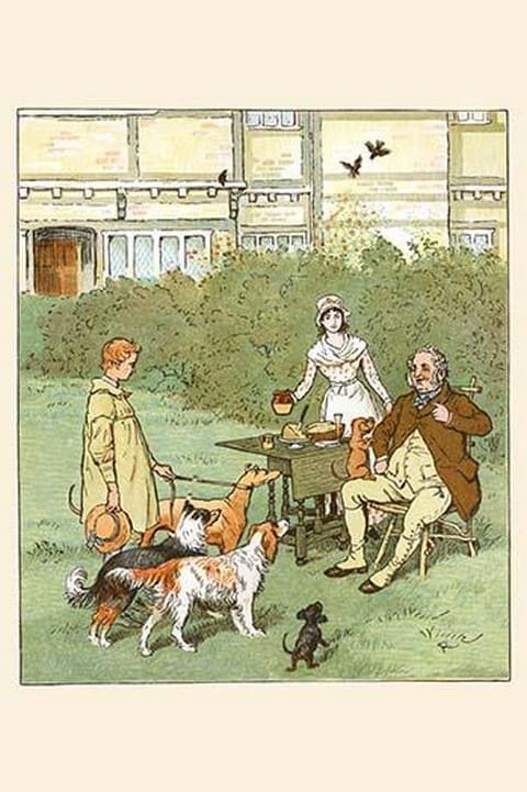 Dogs come to eat by the farmer's table along with the Shepherd boy by Randolph Caldecott - Art Print
