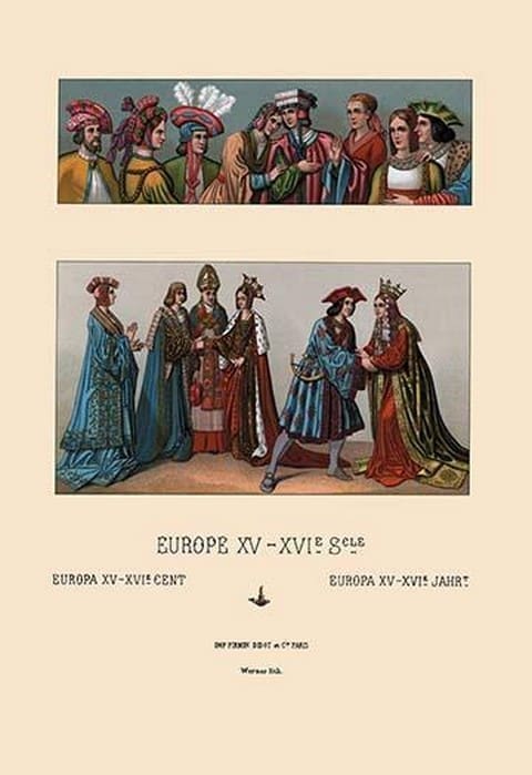 An Assortment of Fifteenth Century French Costumes by Auguste Racinet - Art Print