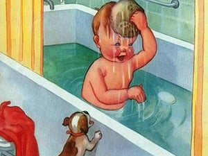 Barking Puppy Sponge Bath by Mildred Plew Merryman - Art Print