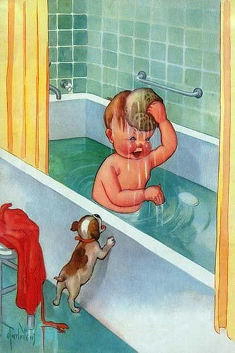 Barking Puppy Sponge Bath by Mildred Plew Merryman - Art Print