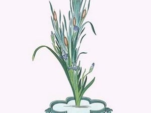 Gama and Kakitsubata (Bulrush & Iris Laevigata) in a Sunabachi by Josiah Conder - Art Print