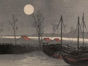 Sailboats moored under the moon. by Uehara Konen - Art Print