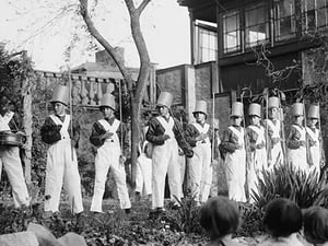 Line of Boys pose as Soldiers with inverted pails on their heads - Art Print