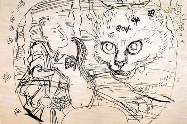 Ichumura Meeting a Cat Ghost by Utagawa Kuniyoshi - Art Print