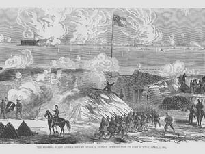 Admiral DuPont's Fleet opens fire on Fort Sumter by Frank Leslie - Art Print