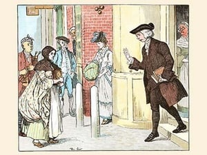 Mrs. Mary Blaize is given a Good Morning from a gentleman leaving his home by Randolph Caldecott - Art Print