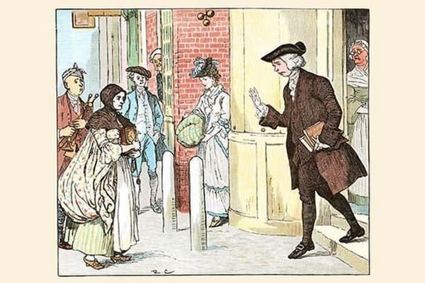 Mrs. Mary Blaize is given a Good Morning from a gentleman leaving his home by Randolph Caldecott - Art Print