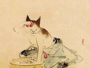 Japanese Cat Bathing - Art Print