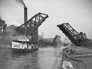 12th St. Bascule Bridge Lifts to Let Excursion Boat Through - Art Print