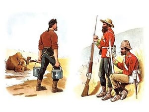 Soldiers and Farmer by Richard Simkin - Art Print