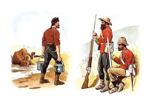 Soldiers and Farmer by Richard Simkin - Art Print