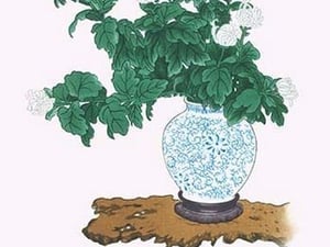 Shiragiku (White Chrysanthemum) in a Blue and White Tsubo by Josiah Conder - Art Print
