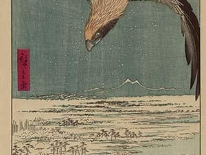 Hawk flying above a snowy landscape along the coastline. by Utagawa Hiroshige - Art Print
