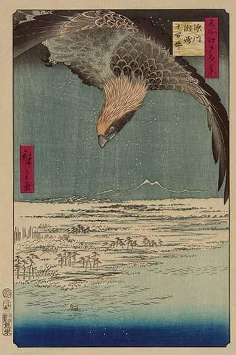 Hawk flying above a snowy landscape along the coastline. by Utagawa Hiroshige - Art Print